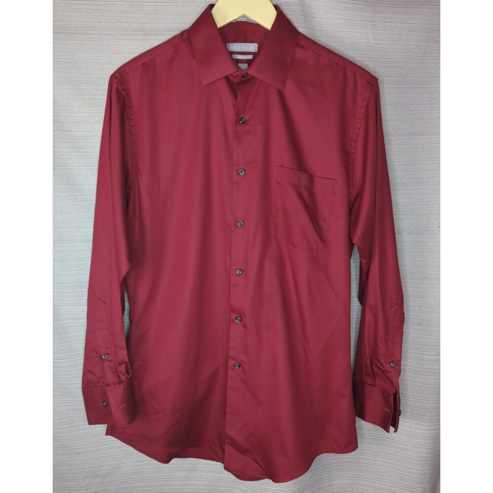 Van Heusen Red Button Down Lux Sateen Fitted Wrinkle Free Dark Red Mens Shirt